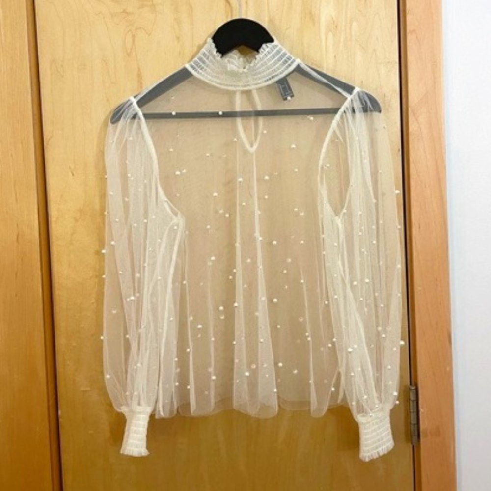 Sheer mock-neck blouse with pearl detail